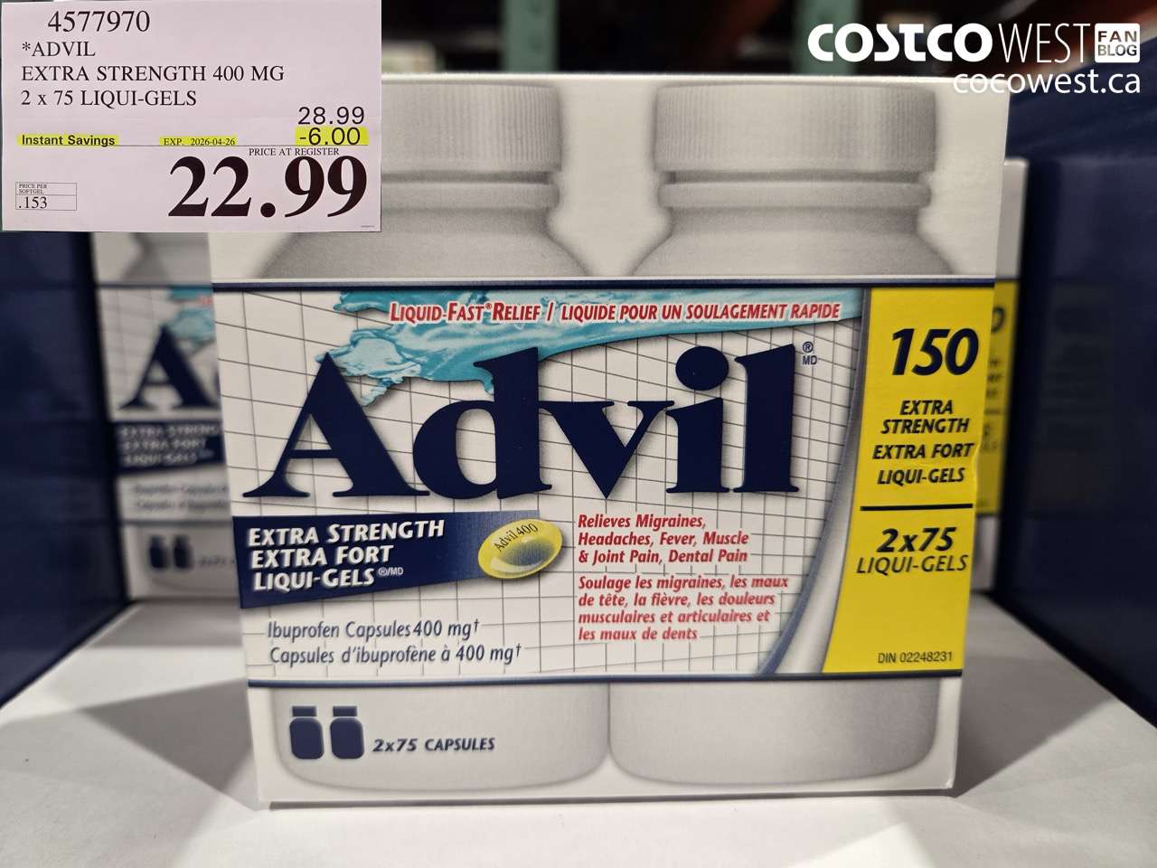 4577970 ADVIL EXTRA STRENGTH 400 MG 2 X 75 LIQI-GELS ($6.00 INSTANT SAVINGS EXPIRES ON 2026-04-26) $22.99