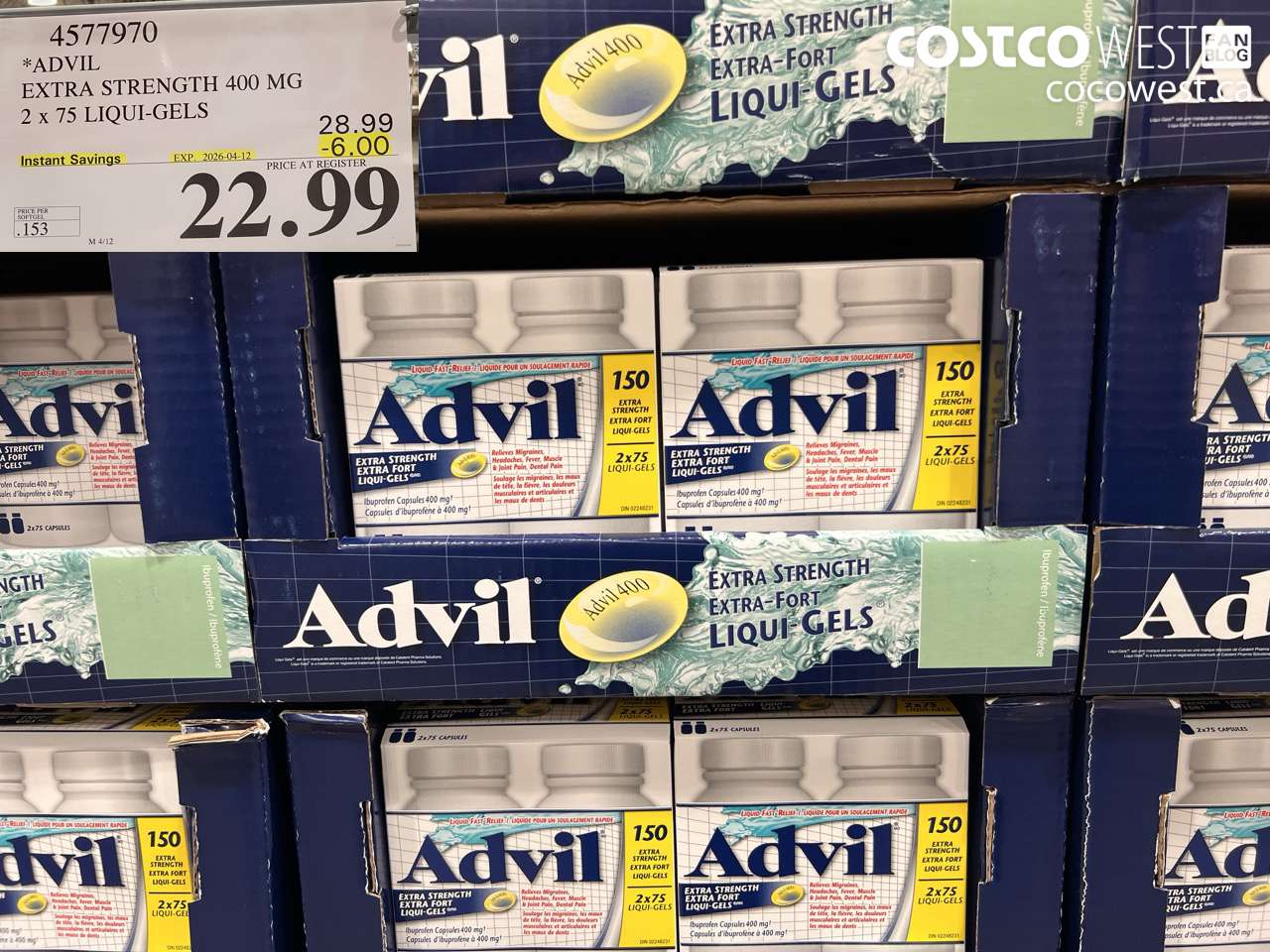 4577970 ADVIL EXTRA STRENGTH 400 MG 2 X 75 LIQUI-GELS ($6.00 INSTANT SAVINGS EXPIRES ON 2026-04-12) $22.99