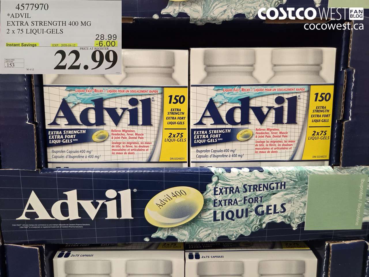 45779770 ADVIL EXTRA STRENGTH 400 MG 2 X 75 LIQUI-GELS ($6.00 INSTANT SAVINGS EXPIRES ON 2026-04-12) $22.99