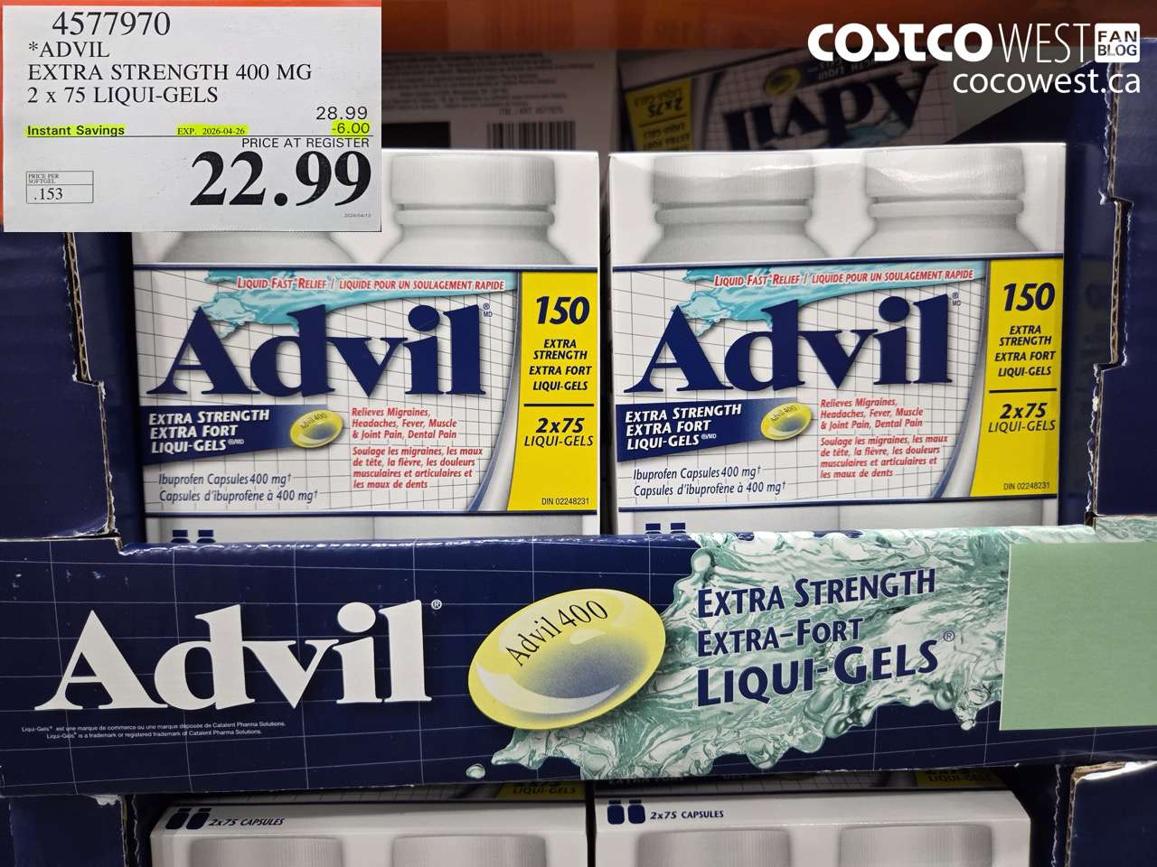 4577970 ADVIL EXTRA STRENGTH 400 MG 2 X 75 LIQUI-GELS ($6.00 INSTANT SAVINGS EXPIRES ON 2026-04-26) $22.99