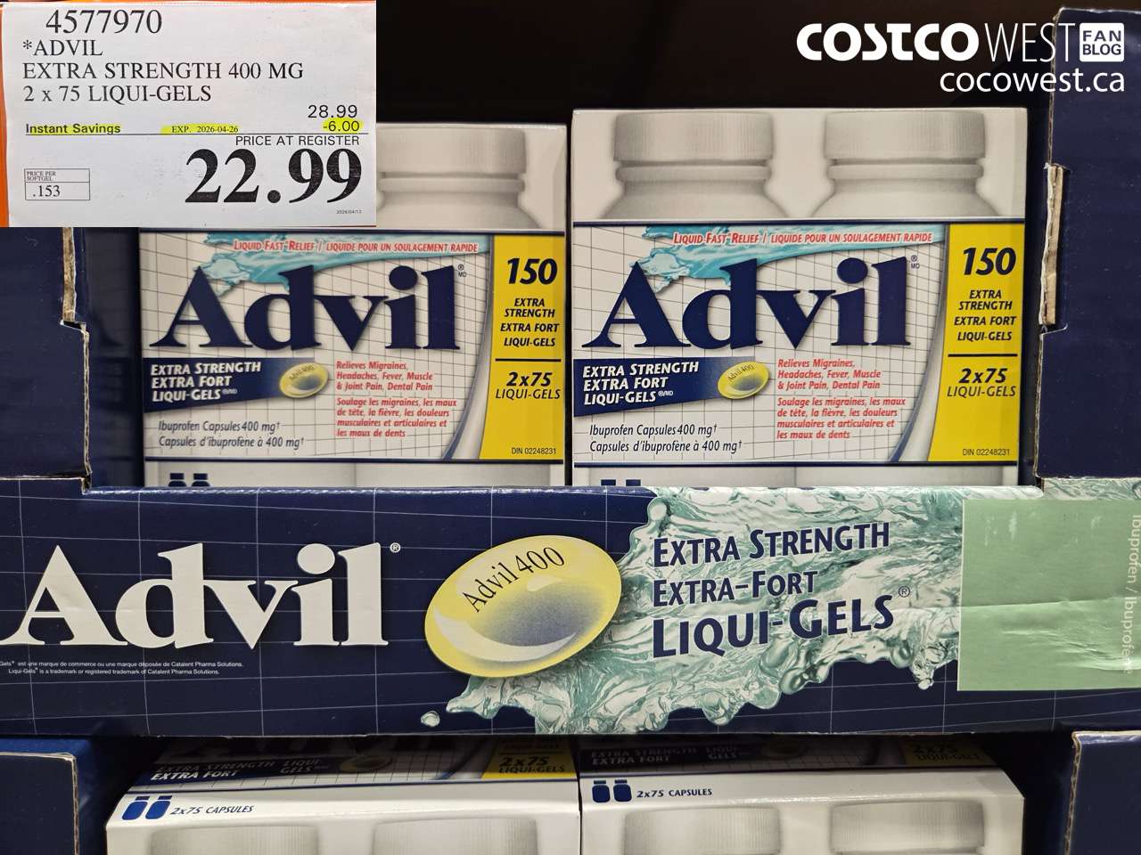 4577970 ADVIL EXTRA STRENGTH 400 MG 2 X 75 LIQUI-GELS ($6.00 INSTANT SAVINGS EXPIRES ON 2026-04-26) $22.99