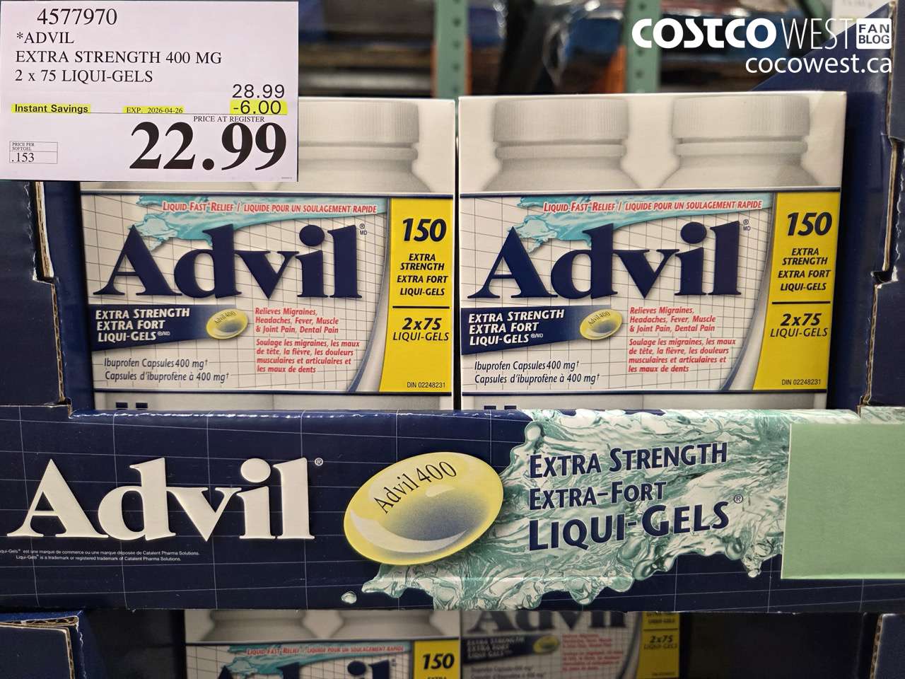 4577970 ADVIL EXTRA STRENGTH 400 MG 2 X 75 LIQUI-GELS ($6.00 INSTANT SAVINGS EXPIRES ON 2026-04-26) $22.99