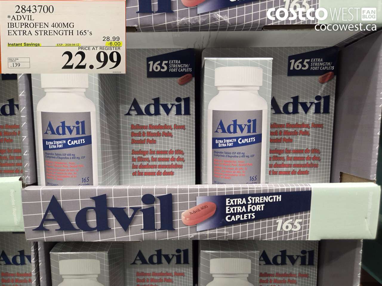 2843700 ADVIL IBUPROFEN 400MG EXTRA STRENGTH 165'S ($6.00 INSTANT SAVINGS EXPIRES ON 2026-04-12) $22.99