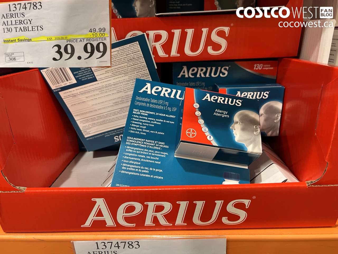 1374783 AERIUS ALLERGY 130 TABLETS ($10.00 INSTANT SAVINGS EXPIRES ON 2026-04-19) $39.99