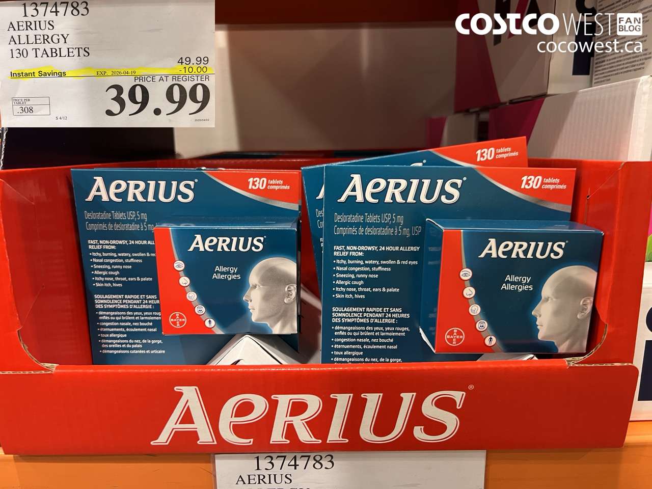 1374783 AERIUS ALLERGY 130 TABLETS ($10.00 INSTANT SAVINGS EXPIRES ON 2026-04-19) $39.99