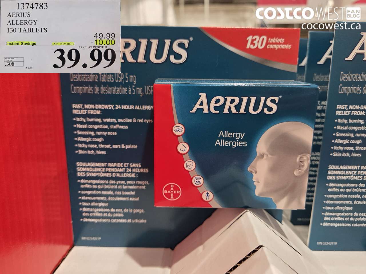 1374783 AERIUS ALLERGY 130 TABLETS ($10.00 INSTANT SAVINGS EXPIRES ON 2026-04-19) $39.99