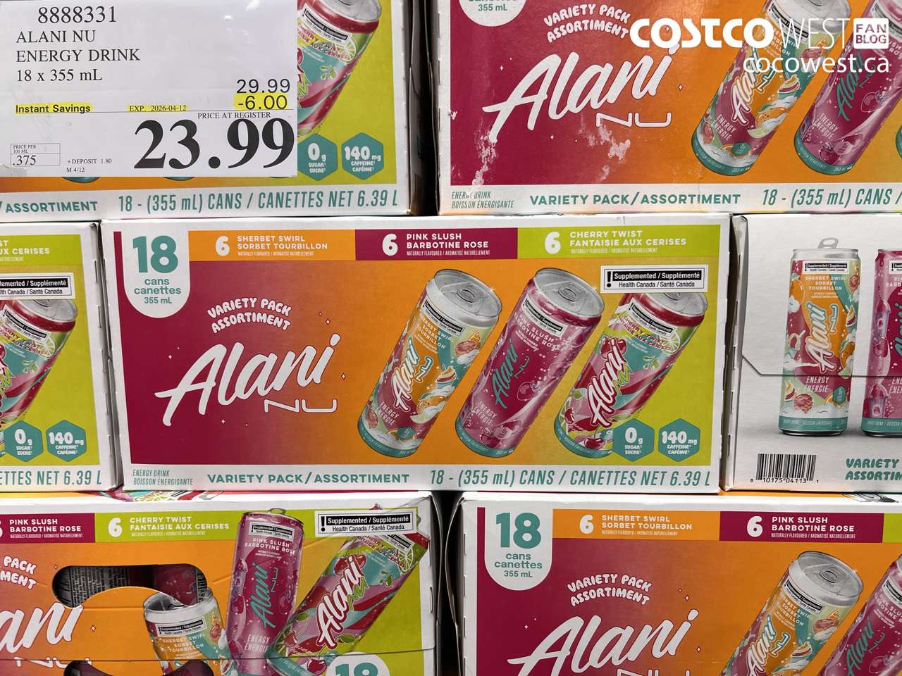 8888331 ALANI NU ENERGY DRINK 18 X 355 ML ($6.00 INSTANT SAVINGS EXPIRES ON 2026-04-12) $23.99