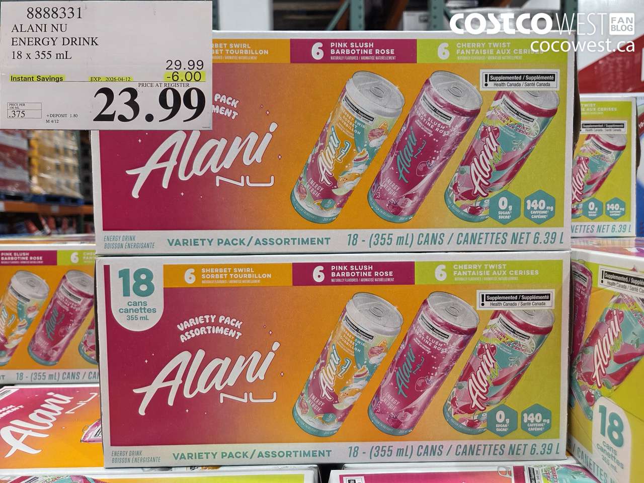 8888331 ALANI NU ENERGY DRINK 18 X 355 ML ($6.00 INSTANT SAVINGS EXPIRES ON 2026-04-12) $23.99