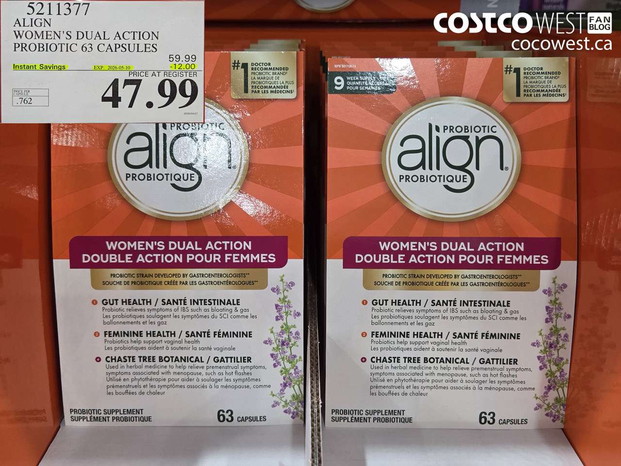 5211377 ALIGN WOMEN'S DUAL ACTION PROBIOTIC 63 CAPSULES ($12.00 INSTANT SAVINGS EXPIRES ON 2026-05-10) $47.99