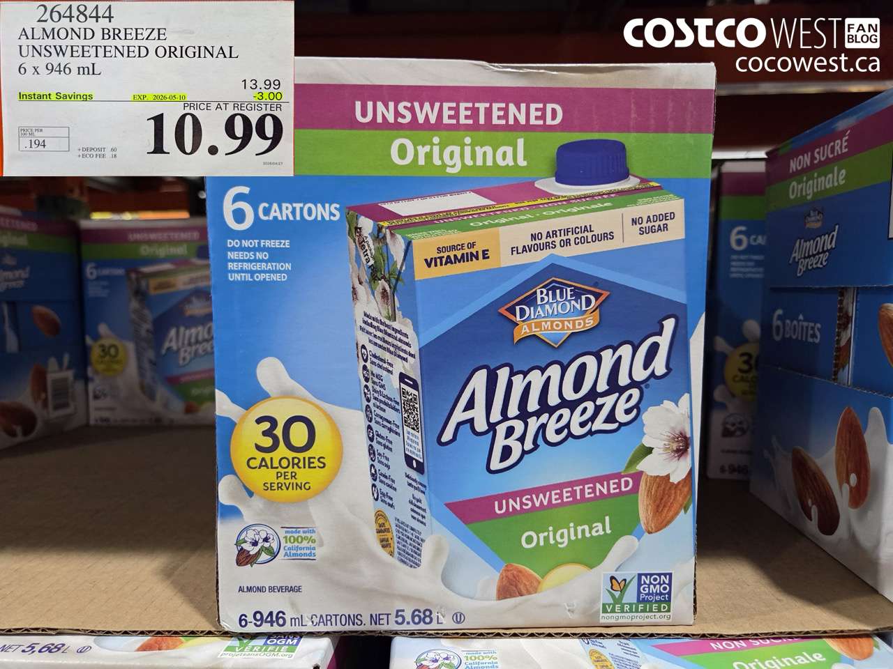 264844 ALMOND BREEZE UNSWEETENED ORIGINAL 6 X 946 ML ($3.00 INSTANT SAVINGS EXPIRES ON 2026-05-10) $10.99