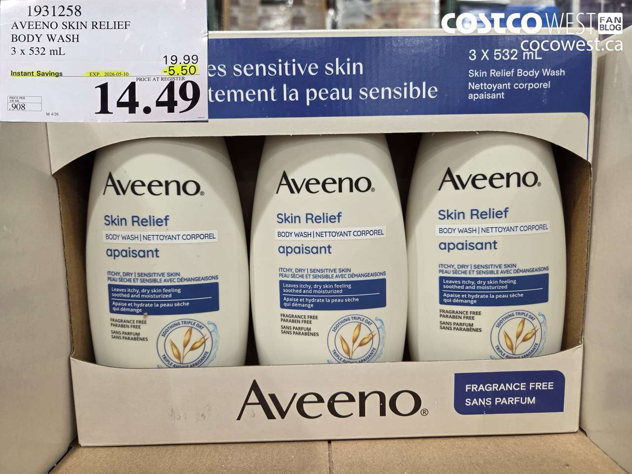 1931258 AVEENO SKIN RELIEF BODY WASH 3 X 532ML ($5.50 INSTANT SAVINGS EXPIRES ON 2026-05-10) $14.49