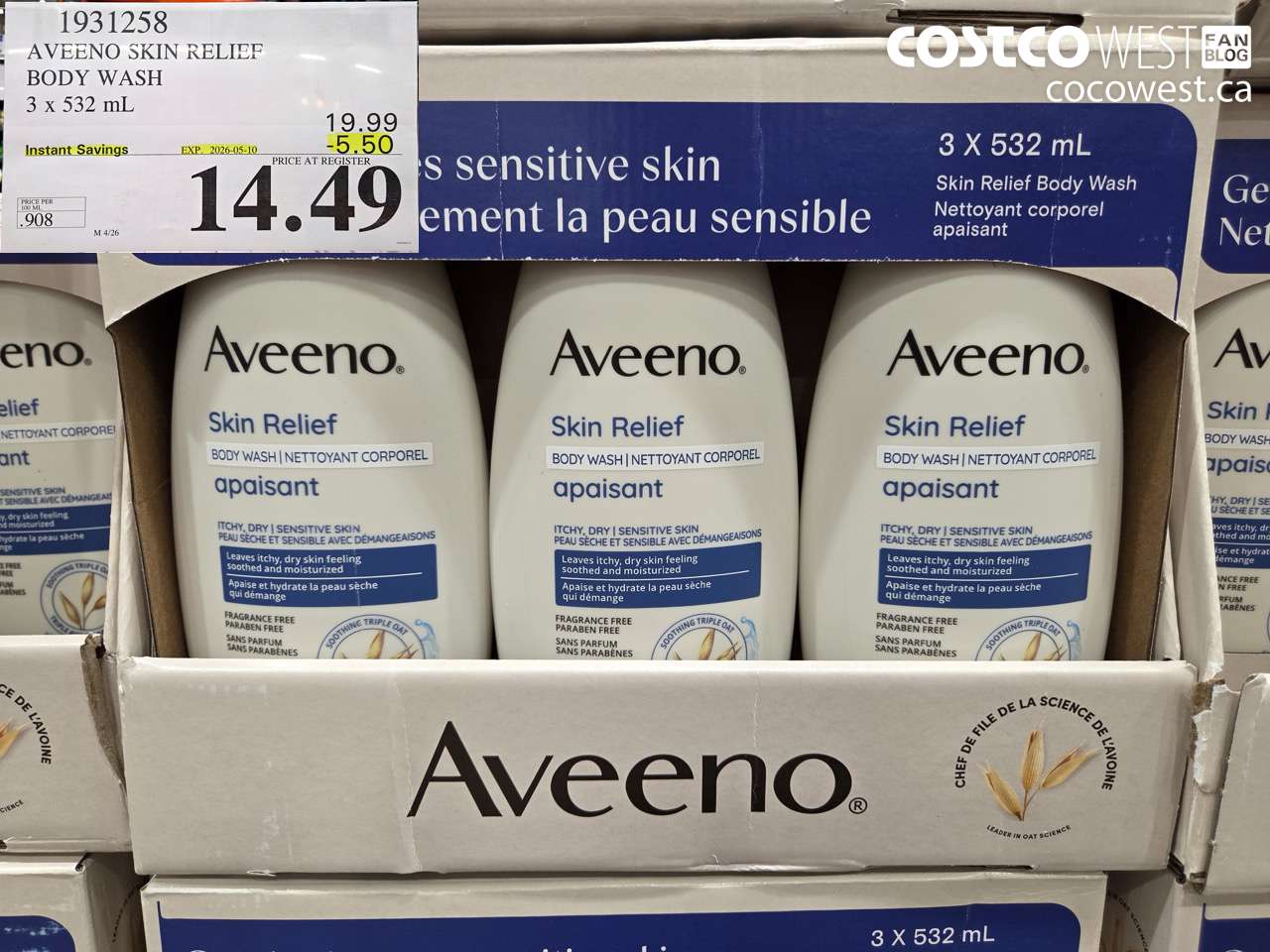 1931258 AVEENO SKIN RELIEF BODY WASH 3 X 532ML ($5.50 INSTANT SAVINGS EXPIRES ON 2026-05-10) $14.49