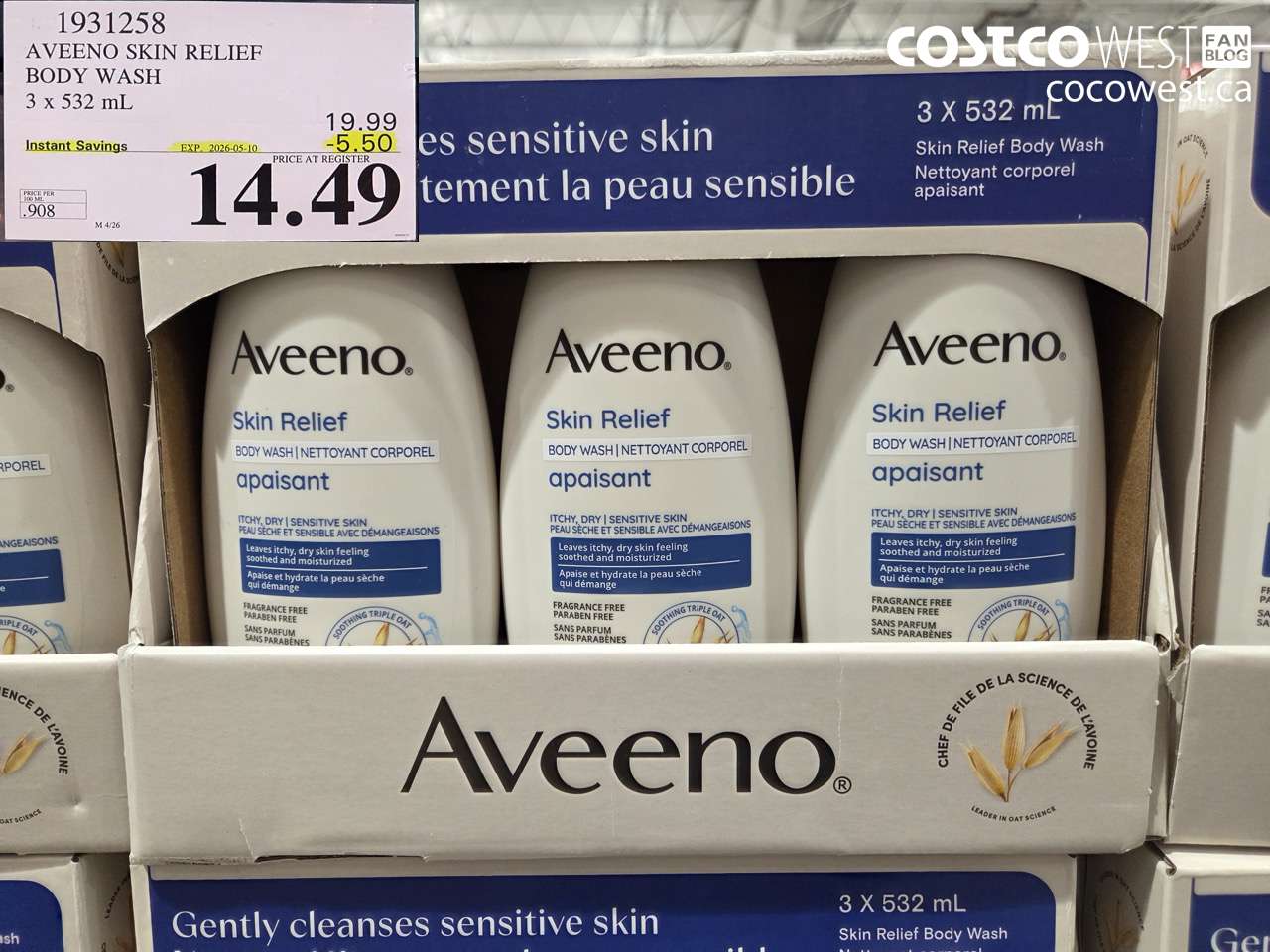 1931258 AVEENO SKIN RELIEF BODY WASH 3 X 532ML ($5.50 INSTANT SAVINGS EXPIRES ON 2026-05-10) $14.49