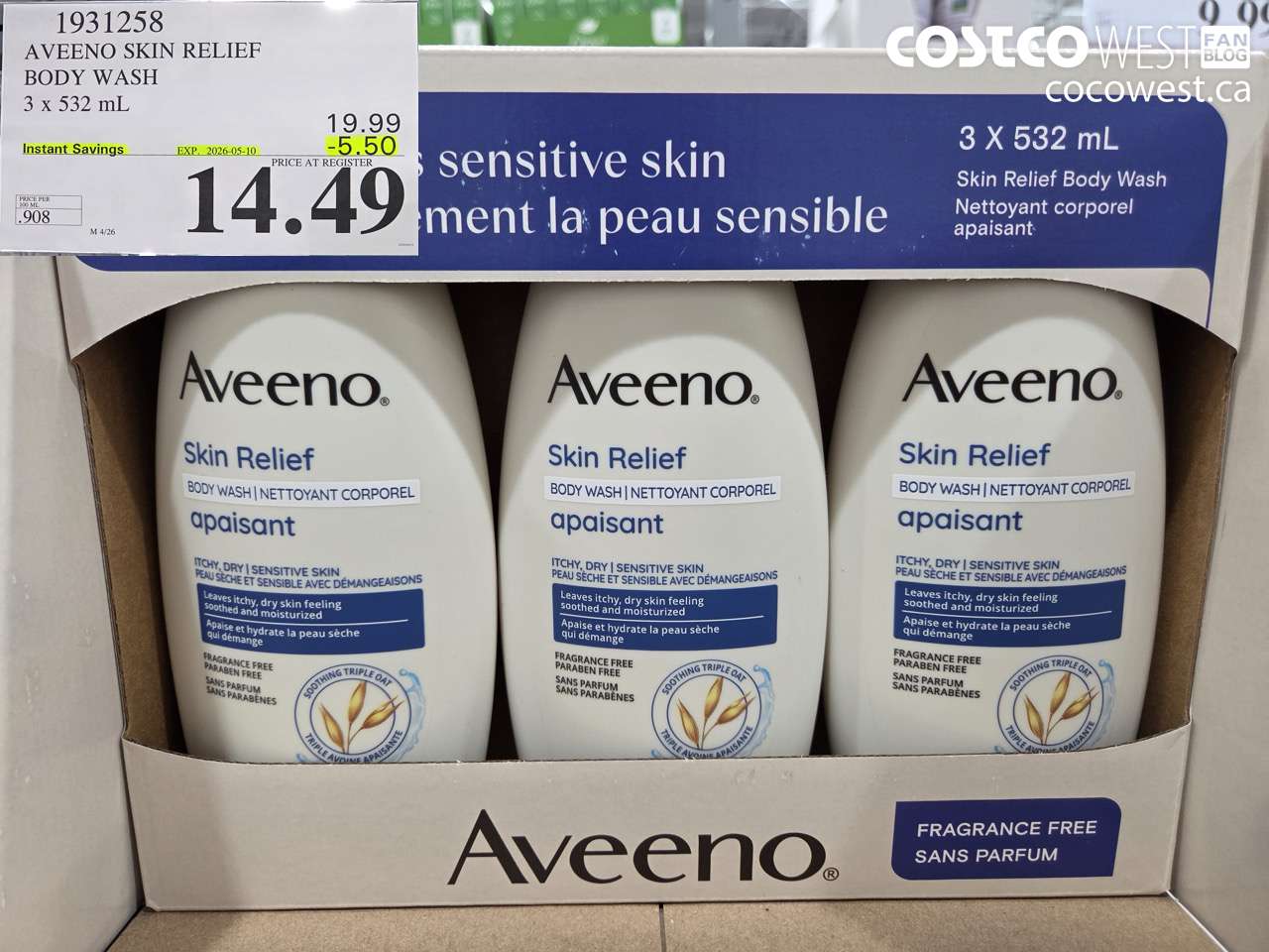 1931258 AVEENO SKIN RELIEF BODY WASH 3 X 532 ML ($5.50 INSTANT SAVINGS EXPIRES ON 2026-05-10) $14.49