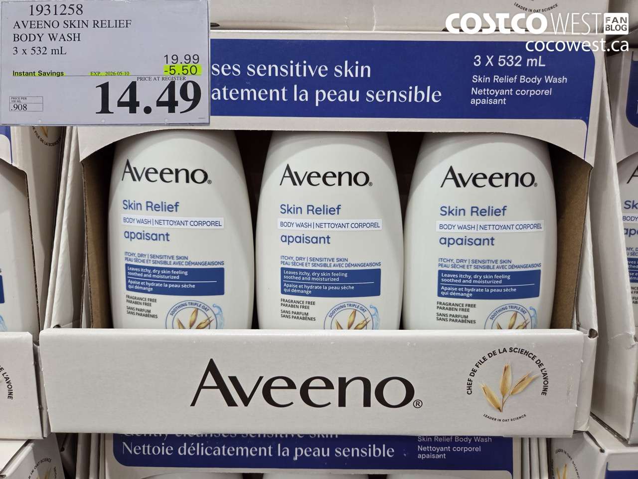 1931258 AVEENO SKIN RELIEF BODY WASH 3 X 532 ML ($5.50 INSTANT SAVINGS EXPIRES ON 2026-05-10) $14.49