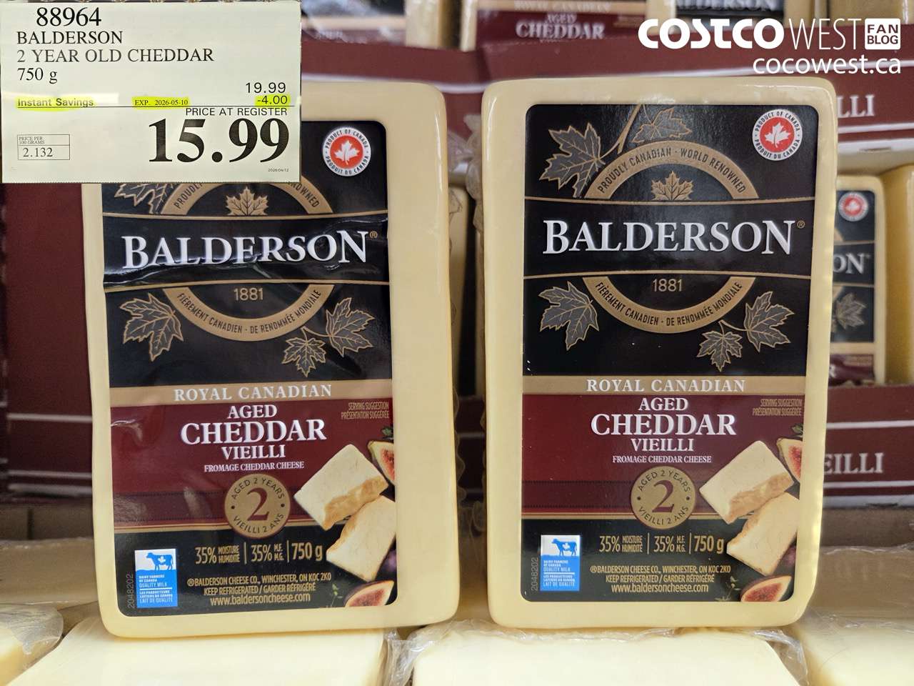 88964 BALDERSON 2 YEAR OLD CHEDDAR 750 G ($4.00 INSTANT SAVINGS EXPIRES ON 2026-05-10) $15.99