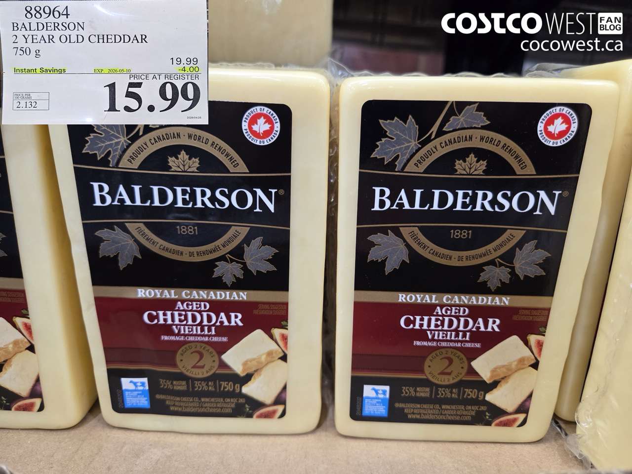 88964 BALDERSON 2 YEAR OLD CHEDDAR 750 G ($4.00 INSTANT SAVINGS EXPIRES ON 2026-05-10) $15.99