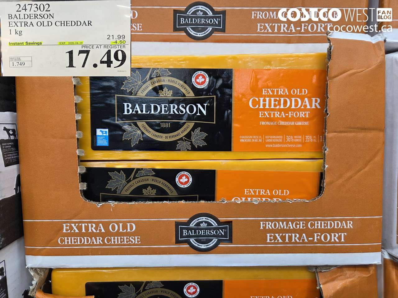 247302 BALDERSON EXTRA OLD CHEDDAR 1 KG ($4.50 INSTANT SAVINGS EXPIRES ON 2026-04-19) $17.49