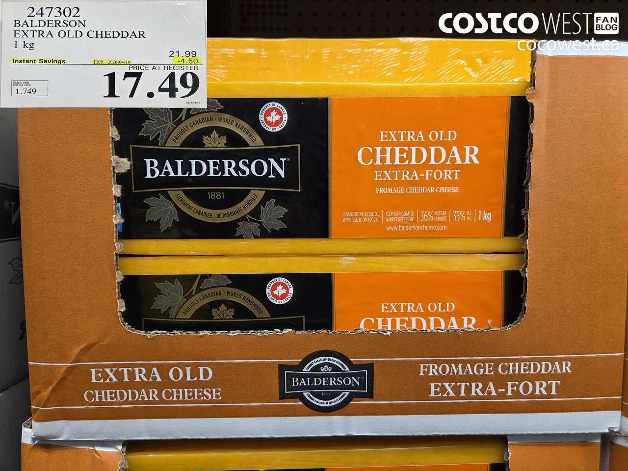 247302 BALDERSON EXTRA OLD CHEDDAR 1 KG ($4.50 INSTANT SAVINGS EXPIRES ON 2026-04-19) $17.49