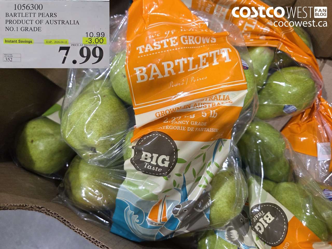 1056300 BARTLETT PEARS PRODUCT OF AUSTRALIA NO.1 GRADE ($3.00 INSTANT SAVINGS EXPIRES ON 2026-04-12) $7.99