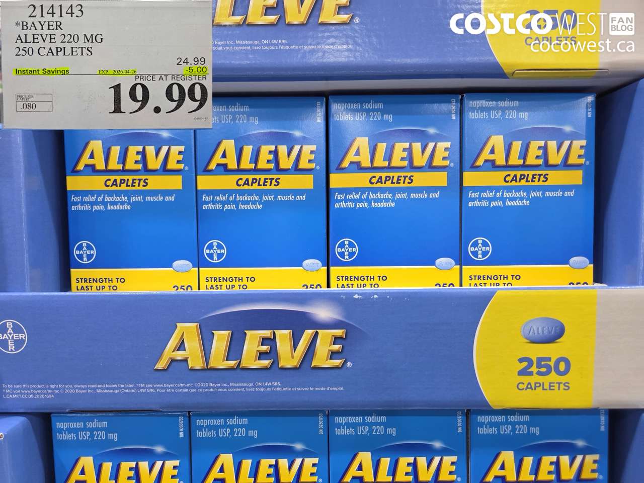 214143 BAYER ALEVE 220 MG 250 CAPLETS ($5.00 INSTANT SAVINGS EXPIRES ON 2026-04-26) $19.99