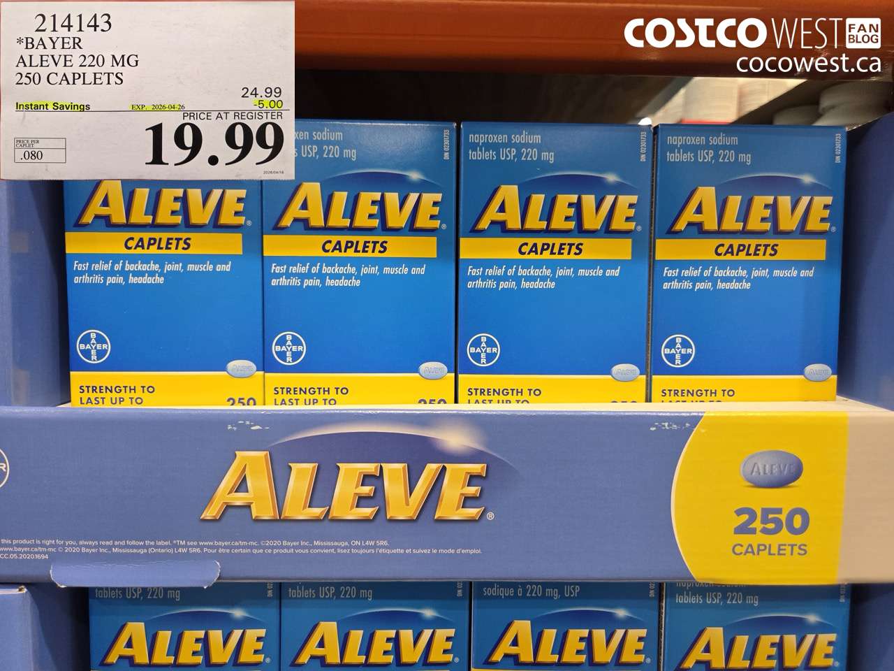 214143 BAYER ALEVE 220 MG 250 CAPLETS ($5.00 INSTANT SAVINGS EXPIRES ON 2026-04-26) $19.99