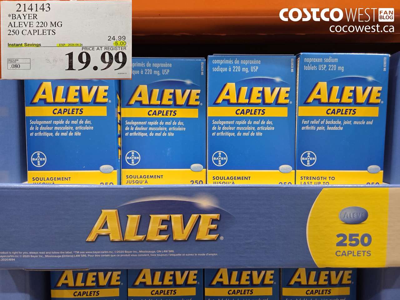 214143 BAYER ALEVE 220 MG 250 CAPLETS ($5.00 INSTANT SAVINGS EXPIRES ON 2026-04-26) $19.99