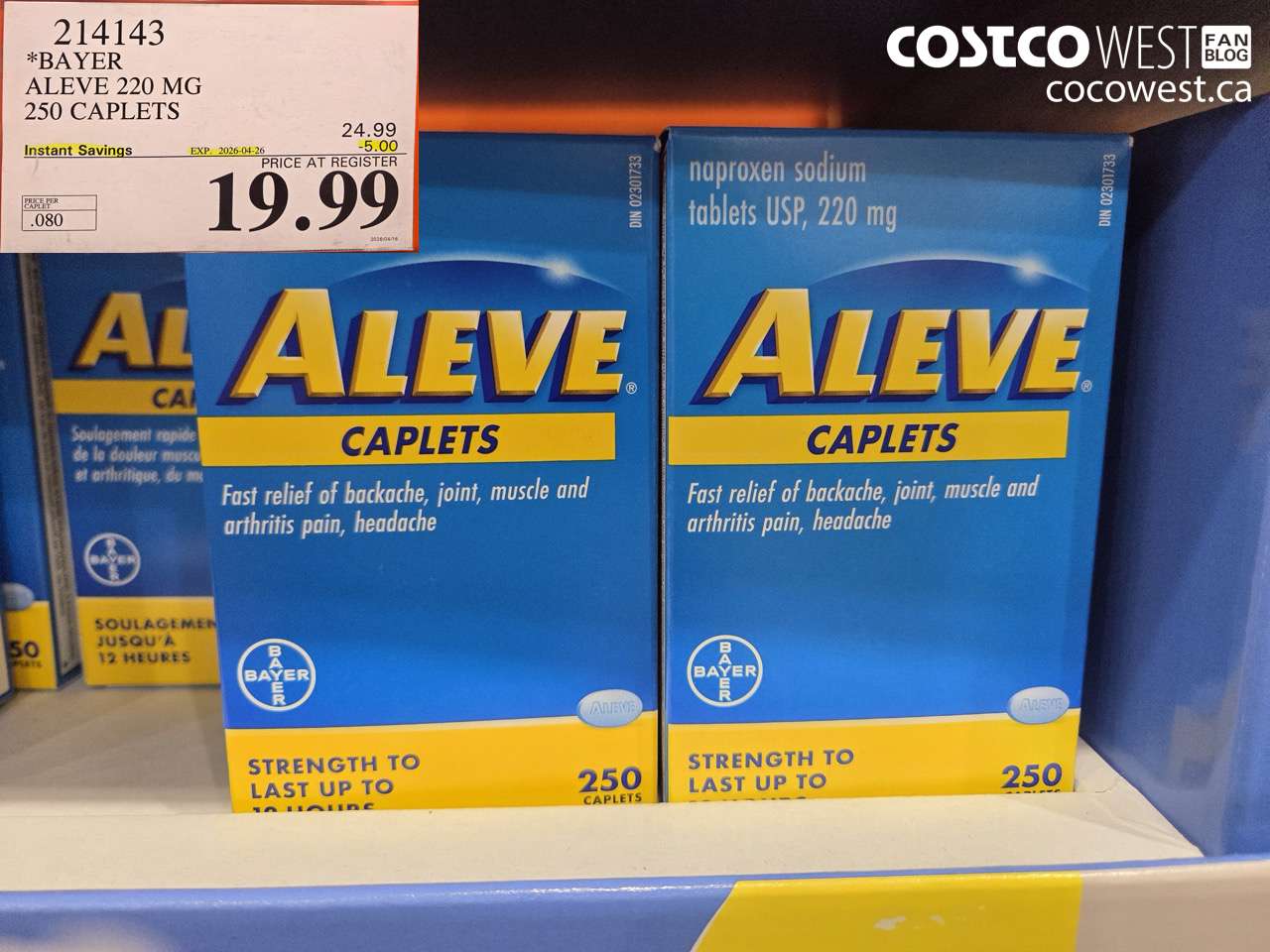214143 BAYER ALEVE 220 MG 250 CAPLETS ($5.00 INSTANT SAVINGS EXPIRES ON 2026-04-26) $19.99