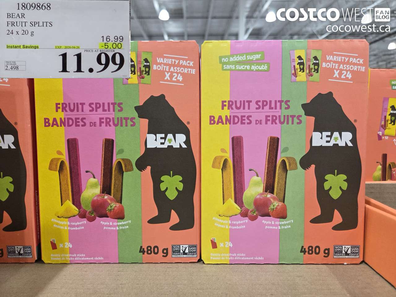 1809868 BEAR FRUIT SPLITS 24 X 20 G ($5.00 INSTANT SAVINGS EXPIRES ON 2026-04-26) $11.99