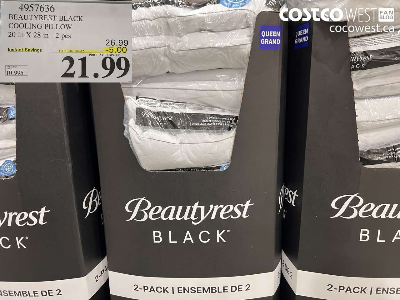 4957636 BEAUTYREST BLACK COOLING PILLOW 20 IN X 28 IN - 2 PCS ($5.00 INSTANT SAVINGS EXPIRES ON 2026-04-12) $21.99