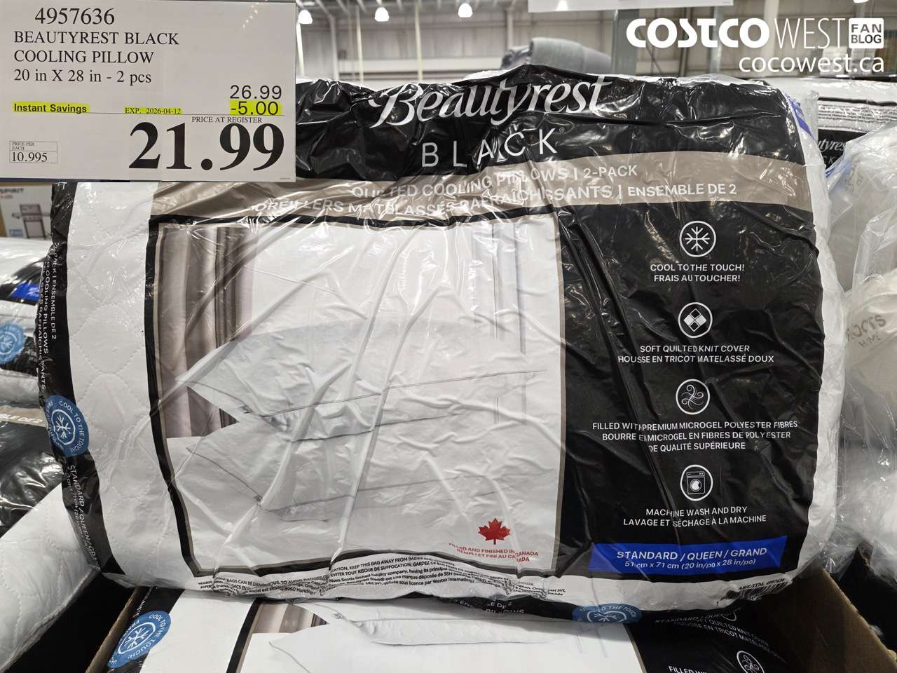 4957636 BEAUTYREST BLACK COOLING PILLOW 20 IN X 28 IN - 2 PCS ($5.00 INSTANT SAVINGS EXPIRES ON 2026-04-12) $21.99