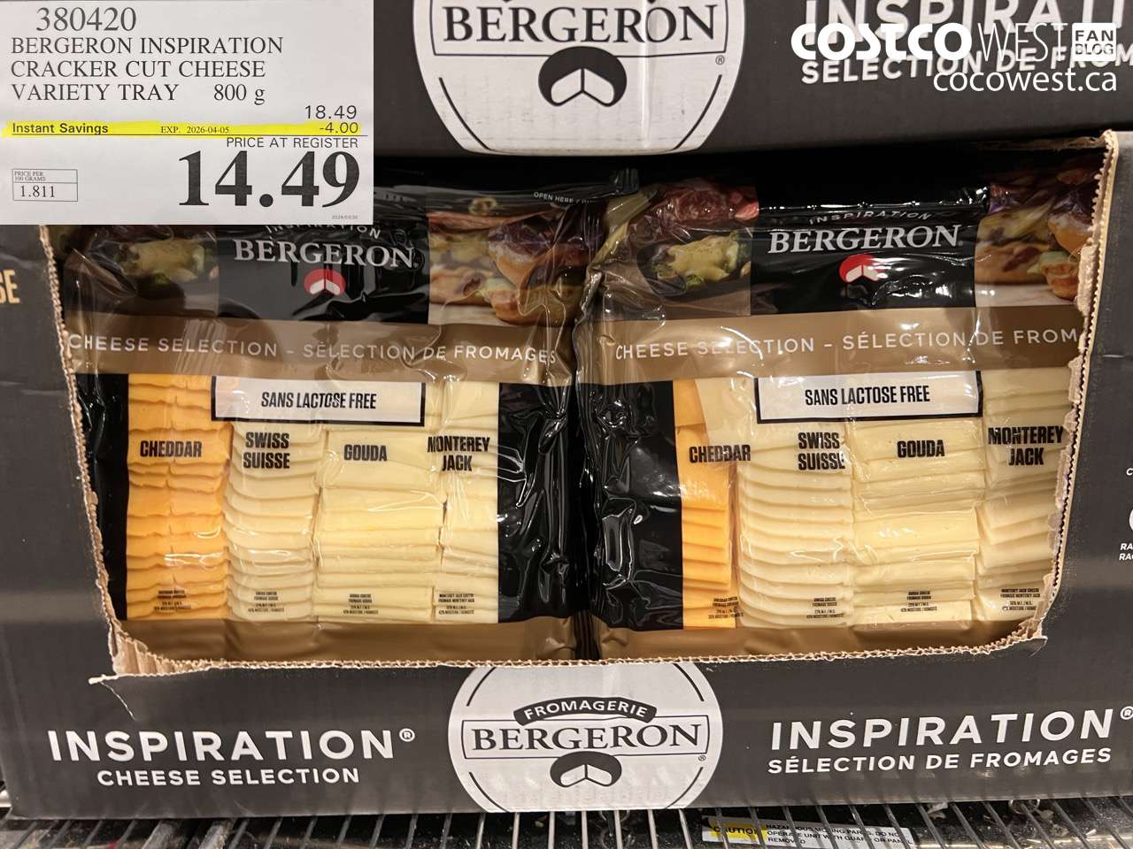 380420 BERGERON INSPIRATION CRACKER CUT CHEESE VARIETY TRAY 800G ($4.00 INSTANT SAVINGS EXPIRES ON 2026-04-05) $14.49