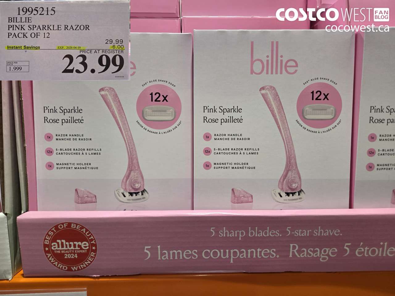 19952115 BILLIE PINK SPARKLE RAZOR PACK OF 12 ($6.00 INSTANT SAVINGS EXPIRES ON 2026-04-19) $23.99