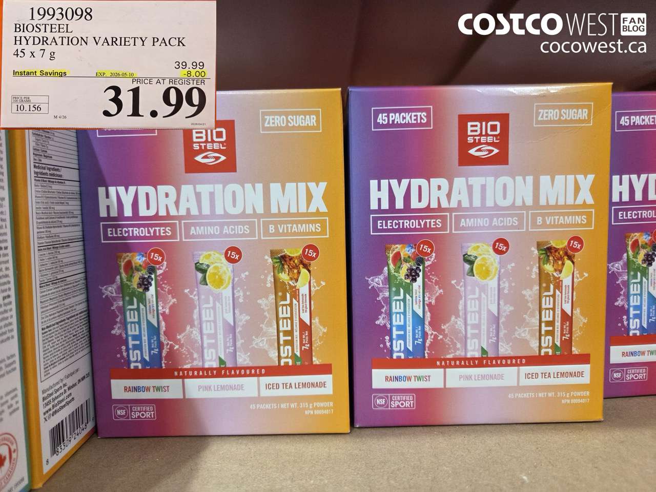1993098 BIOSTEEL HYDRATION VARIETY PACK 45 X 7G ($8.00 INSTANT SAVINGS EXPIRES ON 2026-05-10) $31.99