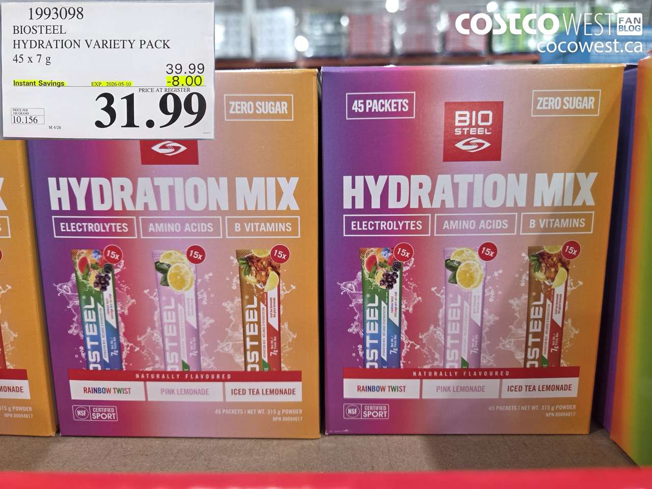 1993098 BIOSTEEL HYDRATION VARIETY PACK 45 X 7 G ($8.00 INSTANT SAVINGS EXPIRES ON 2026-05-10) $31.99