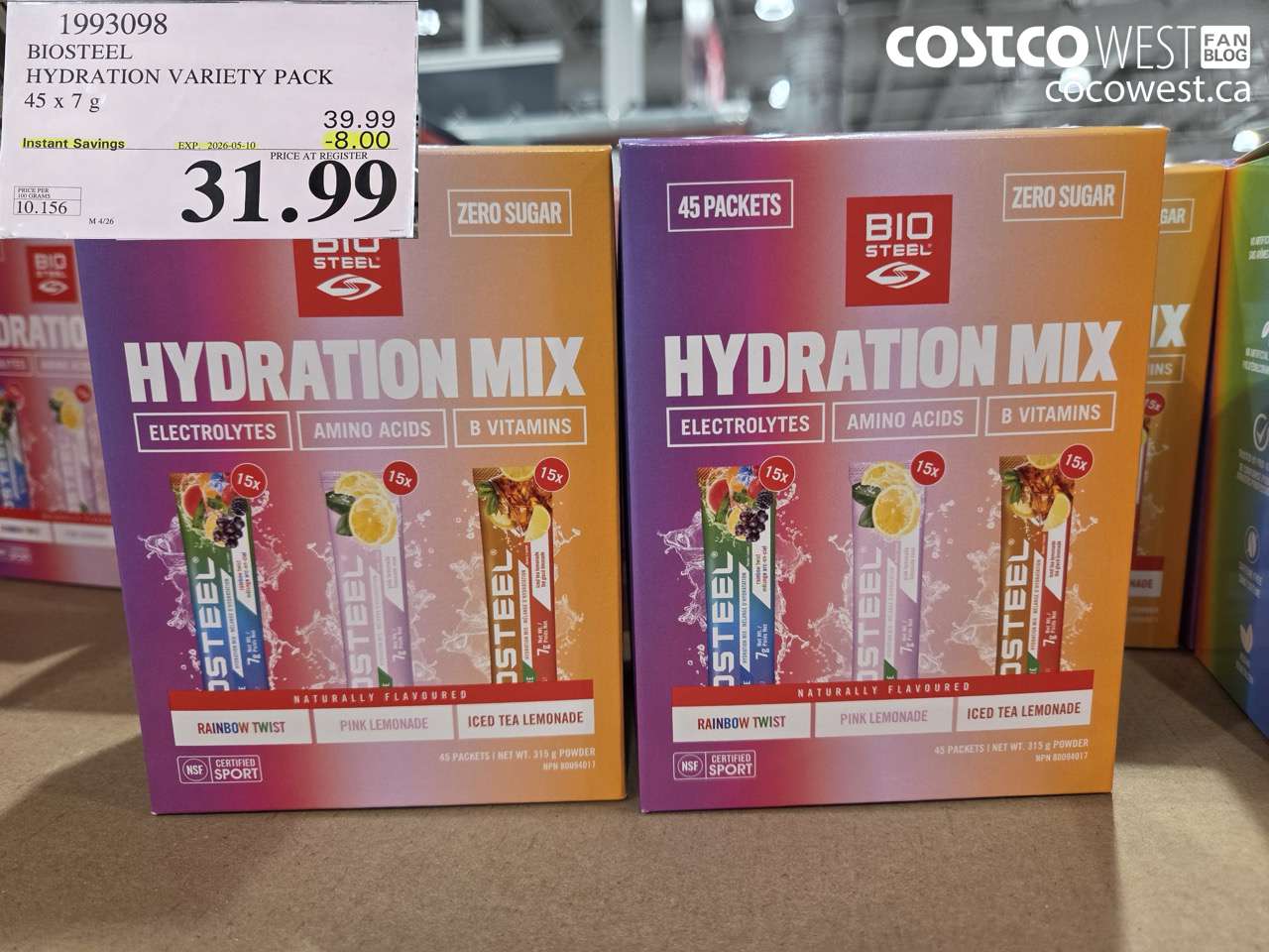 1993098 BIOSTEEL HYDRATION VARIETY PACK 45 X 7 G ($8.00 INSTANT SAVINGS EXPIRES ON 2026-05-10) $31.99