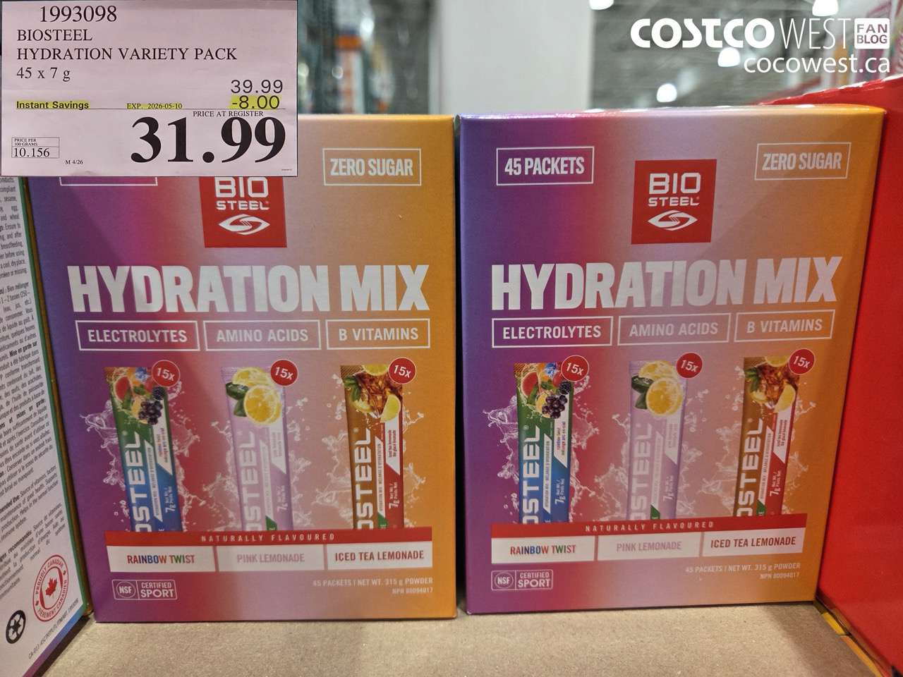 1993098 BIOSTEEL HYDRATION VARIETY PACK 45 X 7 G ($8.00 INSTANT SAVINGS EXPIRES ON 2026-05-10) $31.99