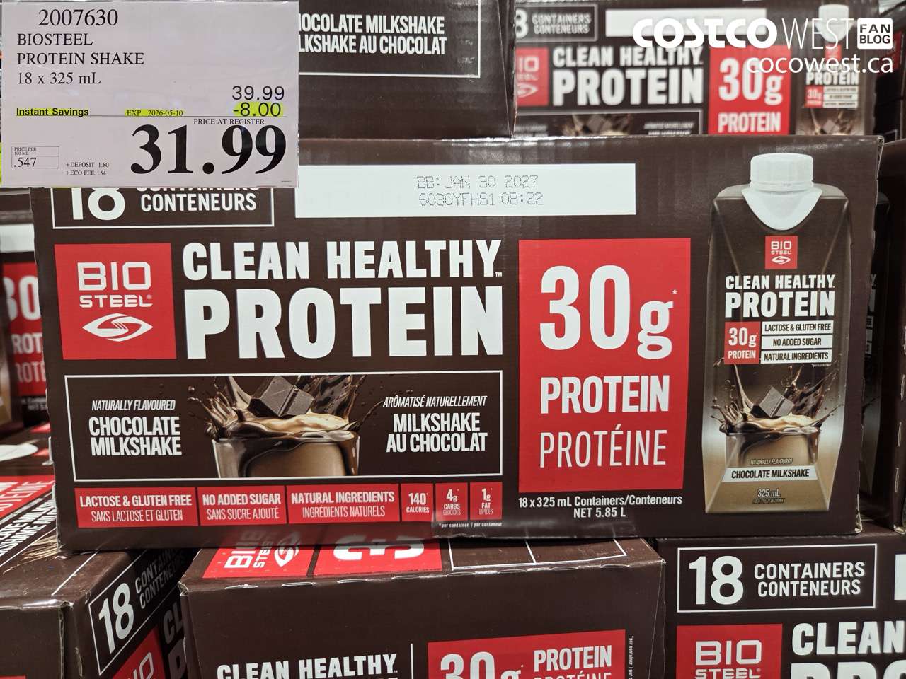 2007630 BIOSTEEL PROTEIN SHAKE 18 X 325 ML ($8.00 INSTANT SAVINGS EXPIRES ON 2026-05-10) $31.99