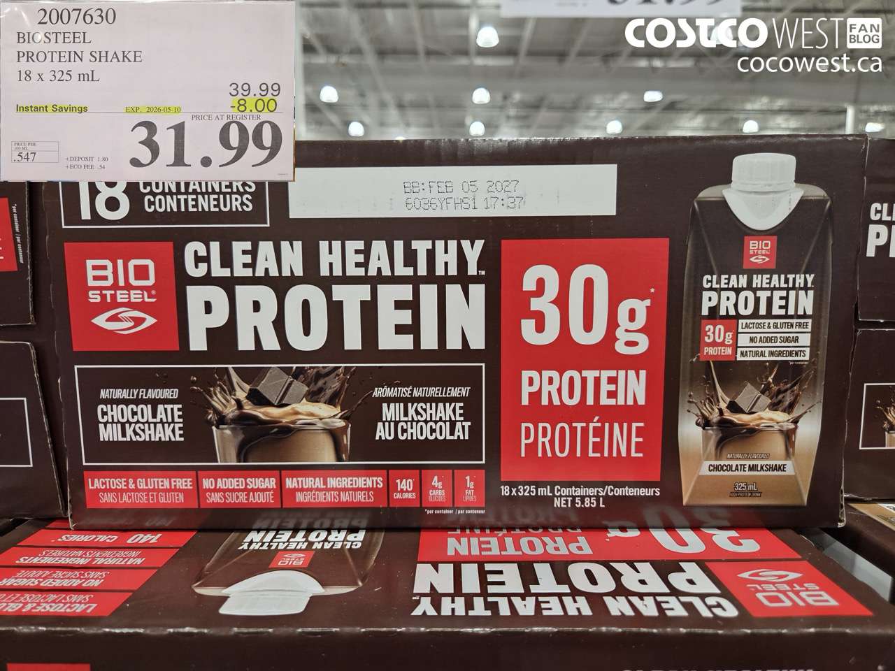 2007630 BIOSTEEL PROTEIN SHAKE 18 X 325 ML ($8.00 INSTANT SAVINGS EXPIRES ON 2026-05-10) $31.99