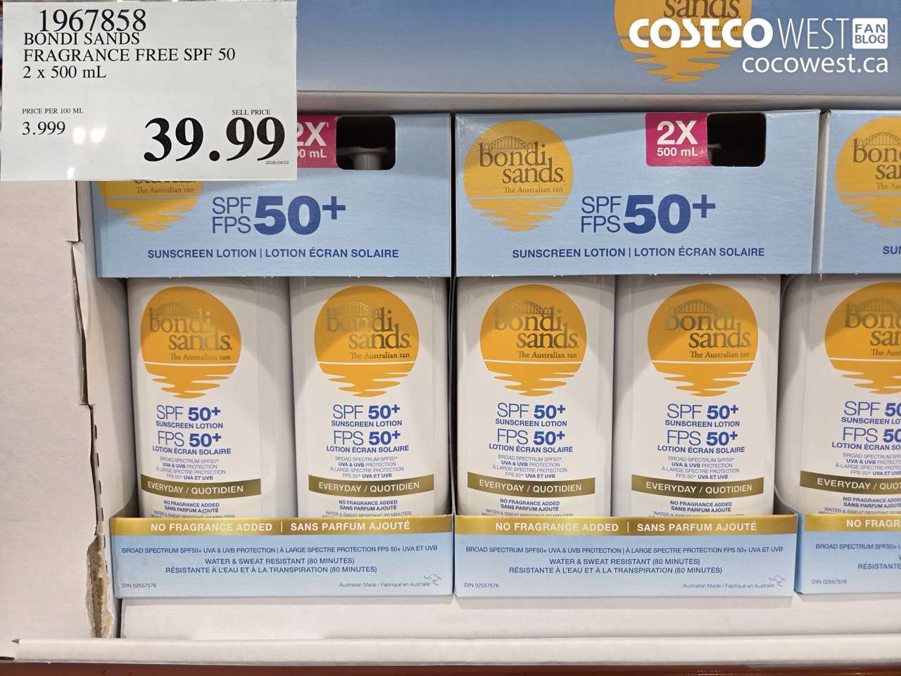 1967858 BONDI SANDS FRAGRANCE FREE SPF 50 2 X 500 ML $39.99
