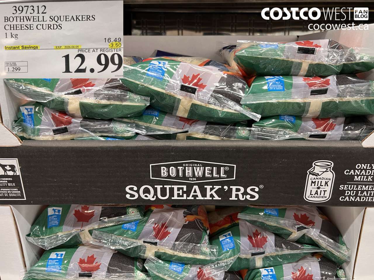 397312 BOTHWELL SQUEAKERS CHEESE CURDS 1KG ($3.50 INSTANT SAVINGS EXPIRES ON 2026-04-05) $12.99