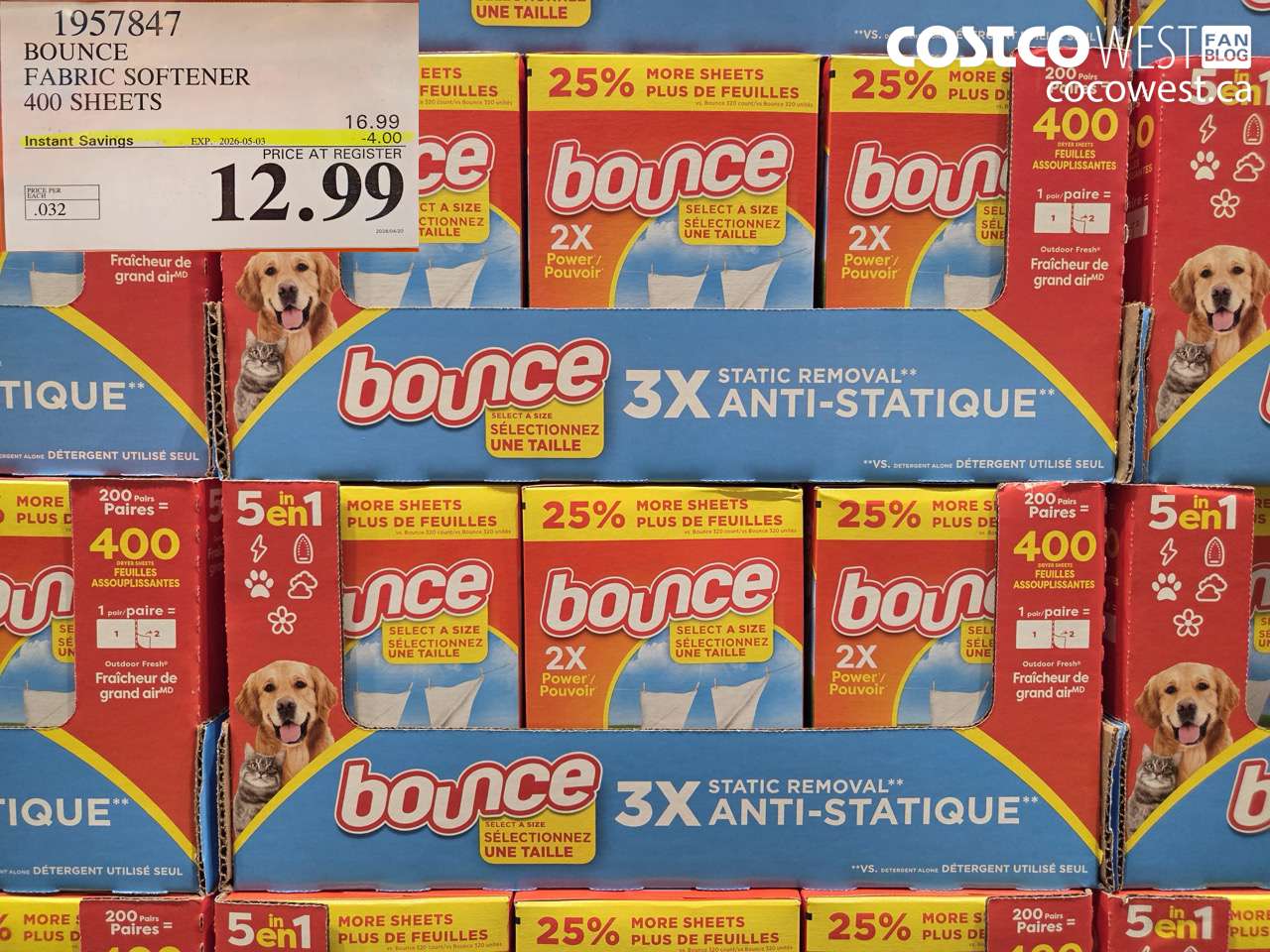 1957847 BOUNCE FABRIC SOFTENER 400 SHEETS ($4.00 INSTANT SAVINGS EXPIRES ON 2026-05-03) $12.99