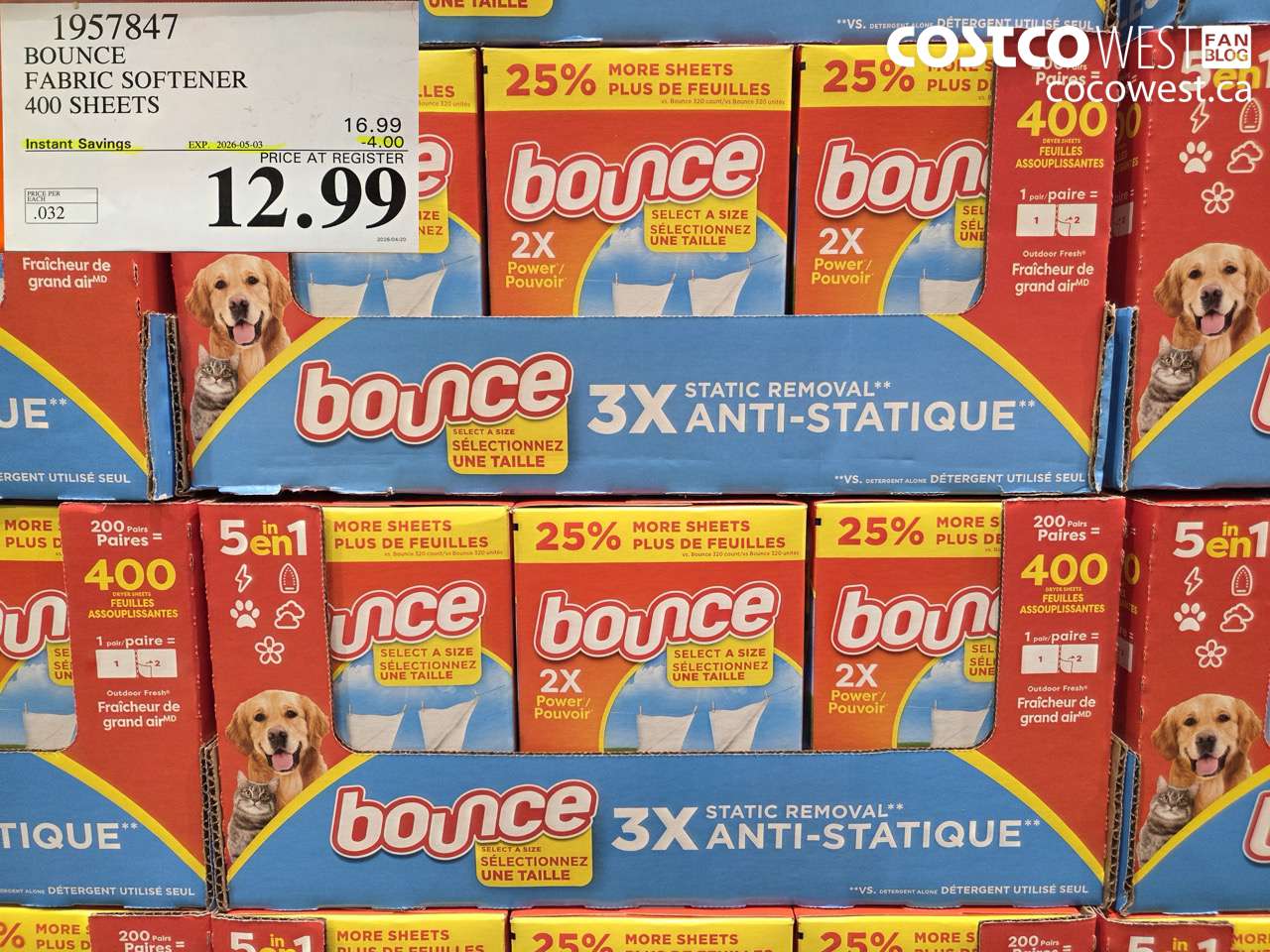 1957847 BOUNCE FABRIC SOFTENER 400 SHEETS ($4.00 INSTANT SAVINGS EXPIRES ON 2026-05-03) $12.99