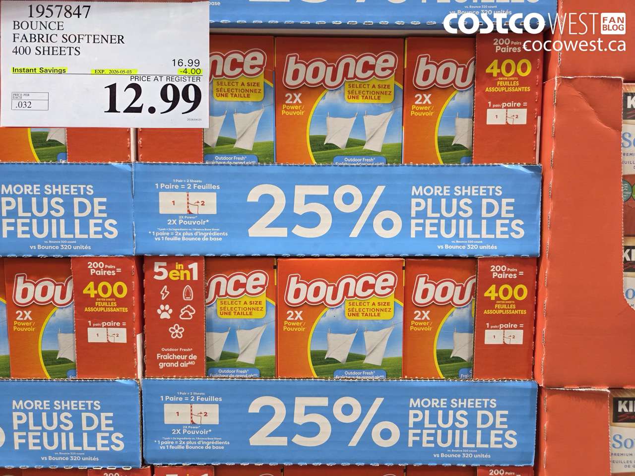 1957847 BOUNCE FABRIC SOFTENER 400 SHEETS ($4.00 INSTANT SAVINGS EXPIRES ON 2026-05-03) $12.99