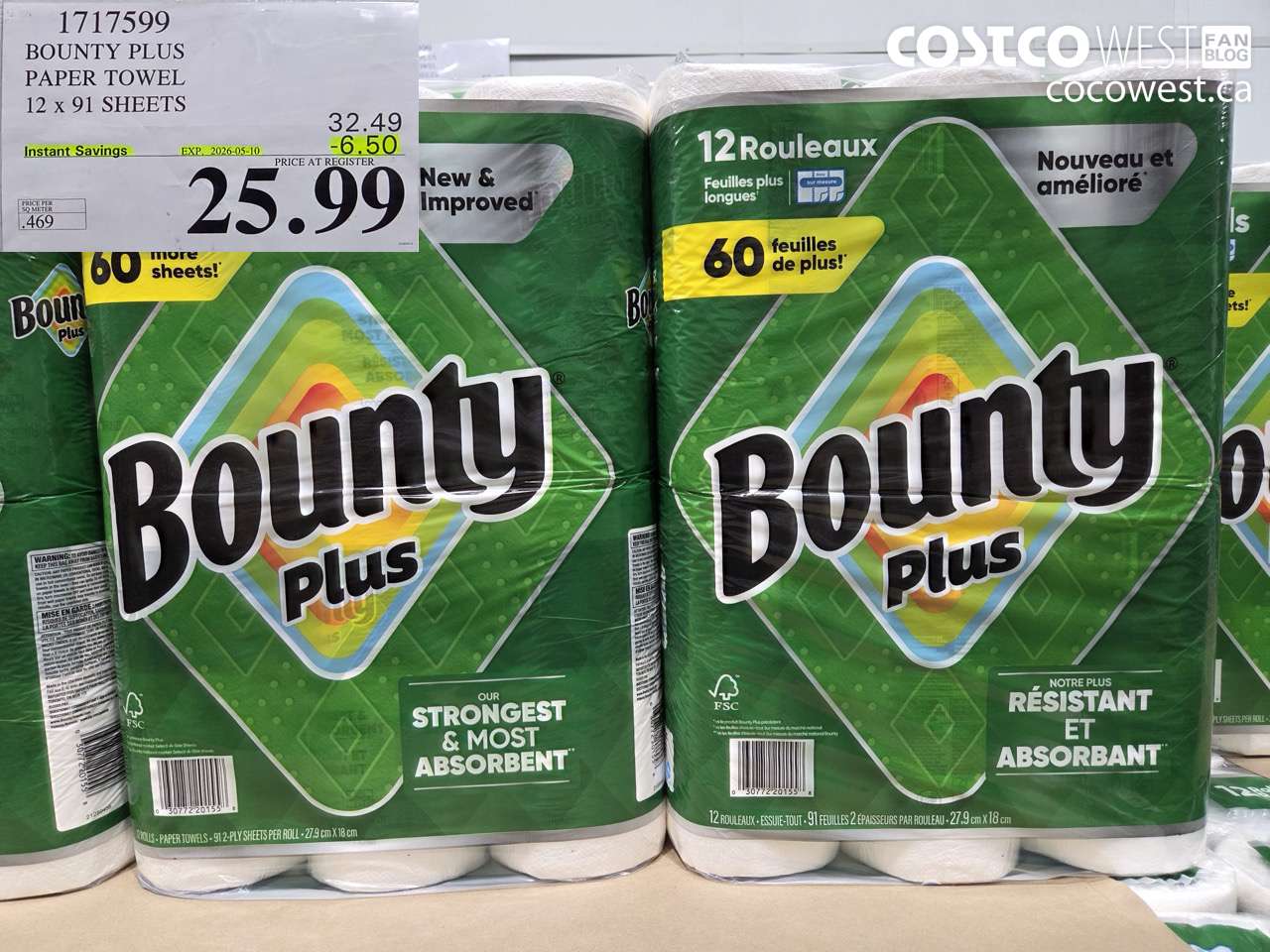1717599 BOUNTY PLUS PAPER TOWEL 12 X 91 SHEETS ($6.50 INSTANT SAVINGS EXPIRES ON 2026-05-10) $25.99
