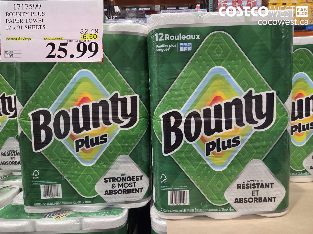 1717599 BOUNTY PLUS PAPER TOWEL 12 X 91 SHEETS ($6.50 INSTANT SAVINGS EXPIRES ON 2026-05-10) $25.99