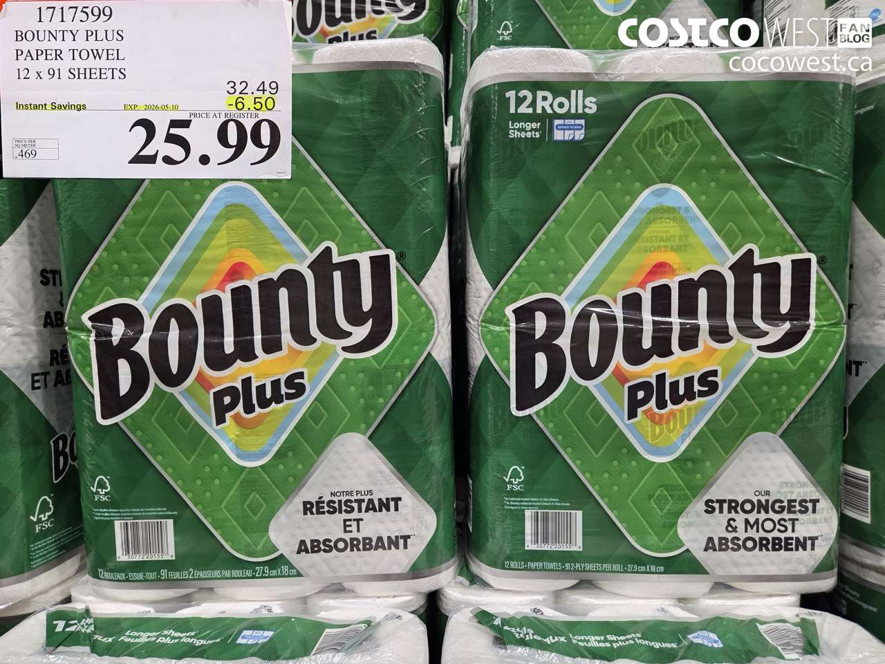 171599 BOUNTY PLUS PAPER TOWEL 12 X 91 SHEETS ($6.50 INSTANT SAVINGS EXPIRES ON 2026-05-10) $25.99