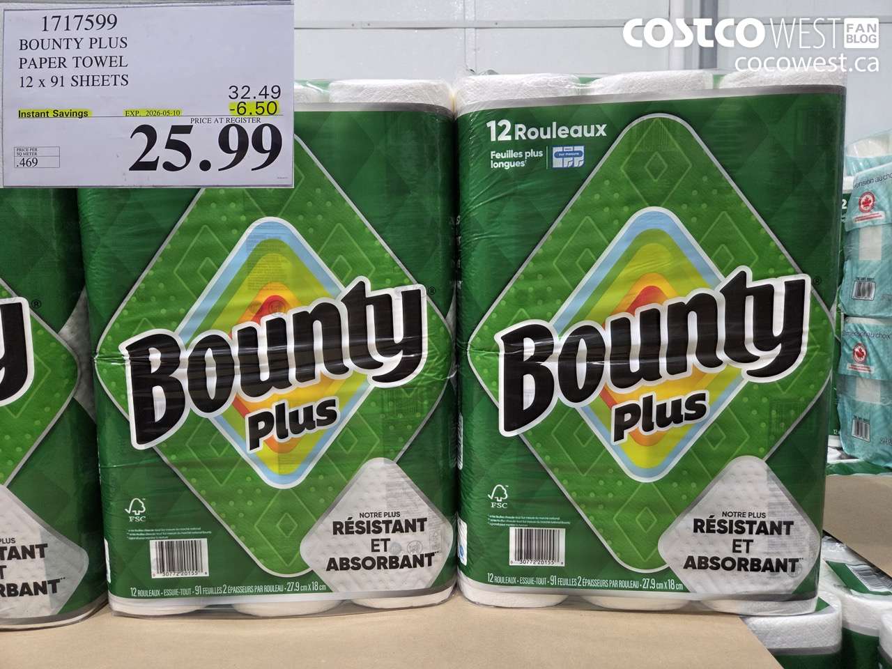 1717599 BOUNTY PLUS PAPER TOWEL 12 X 91 SHEETS ($6.50 INSTANT SAVINGS EXPIRES ON 2026-05-10) $25.99