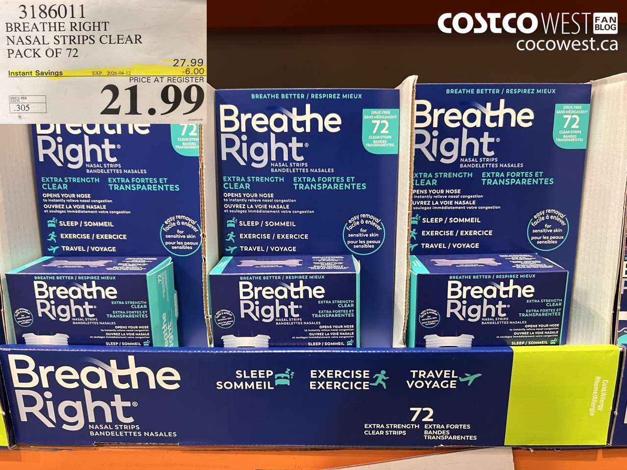 3186011 BREATHE RIGHT NASAL STRIPS CLEAR PACK OF 72 ($6.00 INSTANT SAVINGS EXPIRES ON 2026-04-12) $21.99