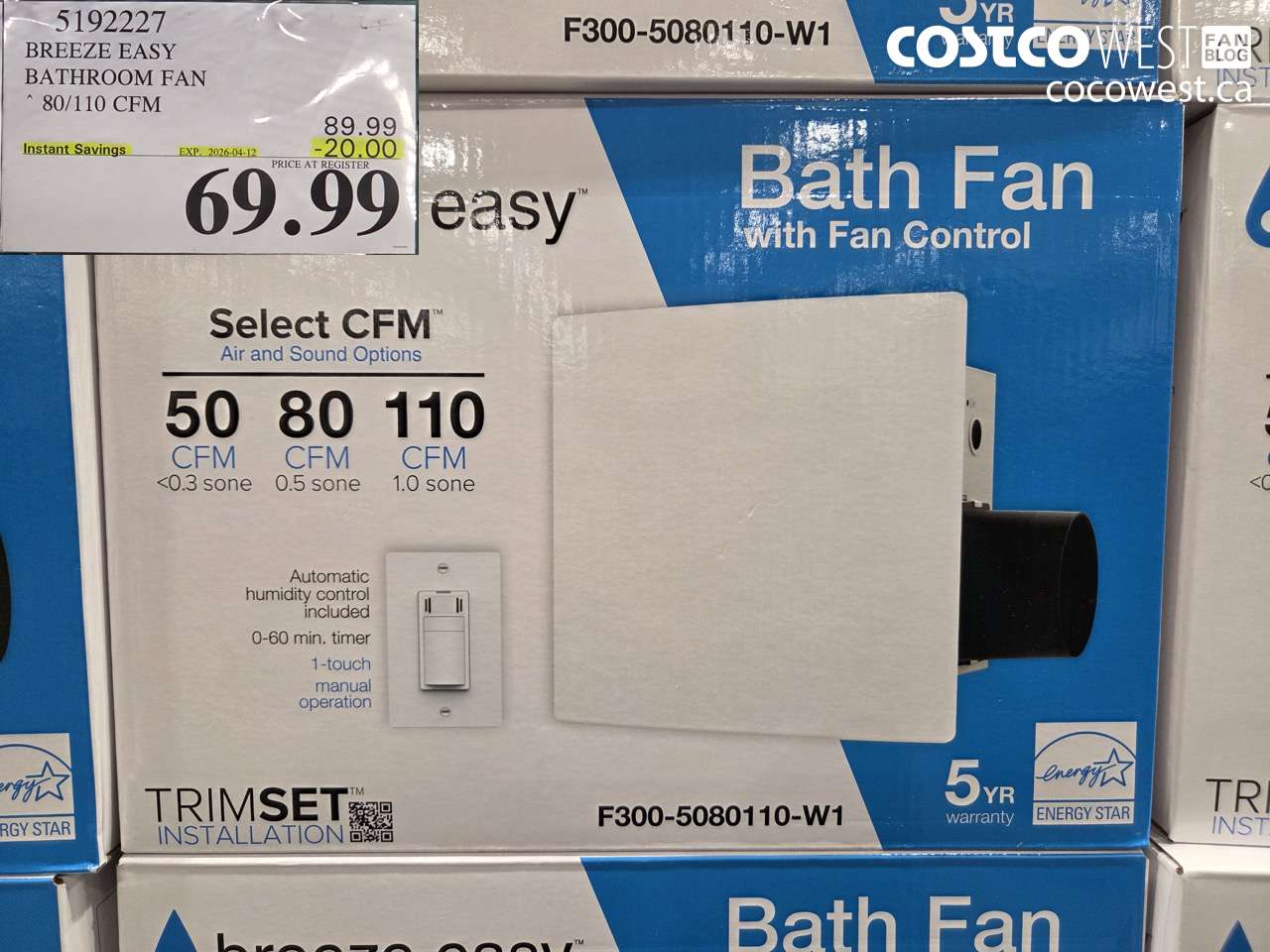 5192227 BREEZE EASY BATHROOM FAN 80/110 CFM ($20.00 INSTANT SAVINGS EXPIRES ON 2026-04-12) $69.99